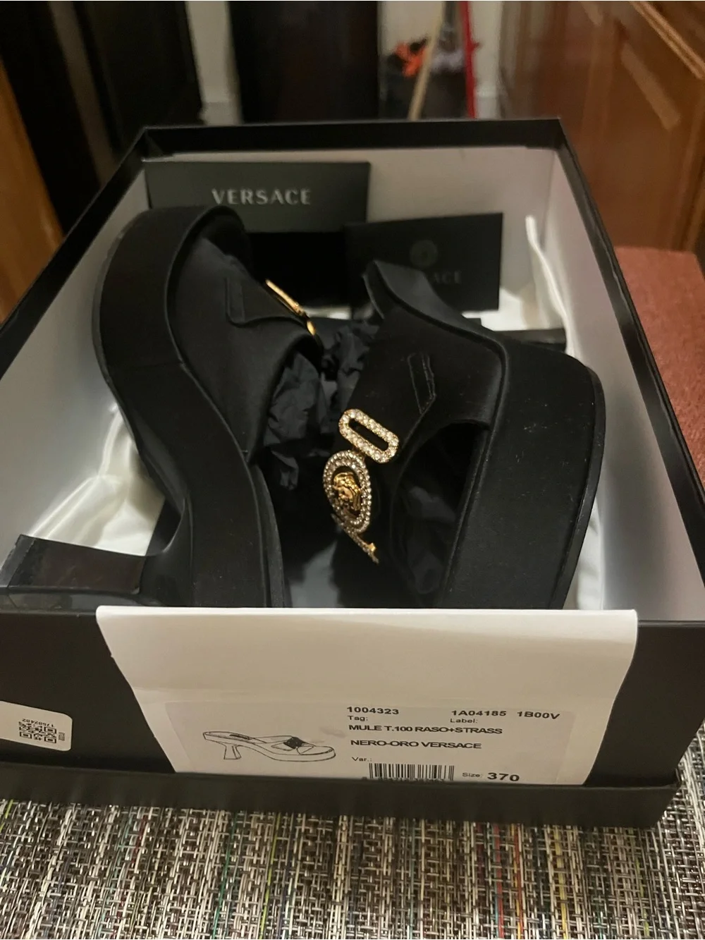 Versace Black Platform Slide Sandals with Gold Medallion Accent - Picture 3 of 8